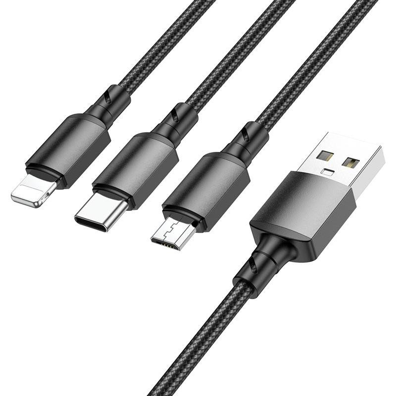 Borofone BX72 2A USB to Micro USB/Type-C/Lightning 1m Black (BX72LUMB) - зображення 1