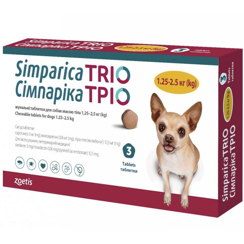 Zoetis Жевательные таблетки Simparica TRIO 1.25 - 2.5 кг 3 шт (5414736055633) - зображення 1