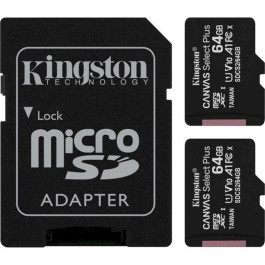   Kingston 64 GB microSDXC Class 10 UHS-I Canvas Select Plus Two Pack + SD Adapter SDCS2/64GB-2P1A