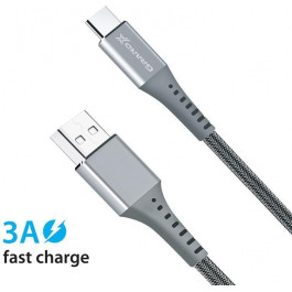   Grand-X USB-type C 3A 1.2m Fast Сharge Grey толст.нейлон оплетка премиум (FC-12G)