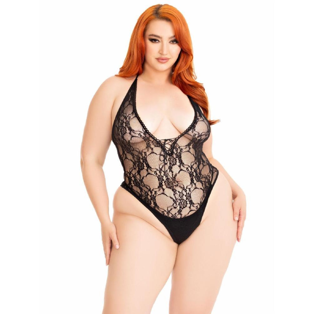 Leg Avenue Floral lace deep-V teddy Black 1X/2X (SX1084) - зображення 1