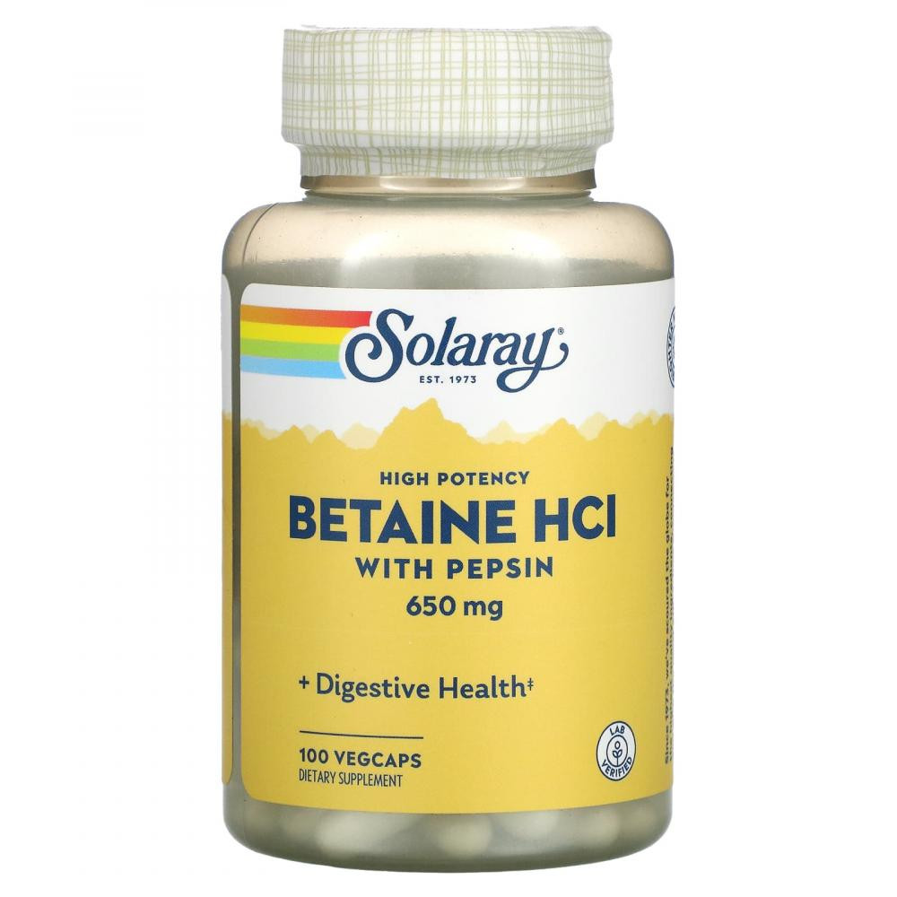 Solaray БАД Бетаїн HCl + пепсин, Betaine HCL with Pepsin, , високоефективний, 650 мг, 100 вегетаріанських ка - зображення 1