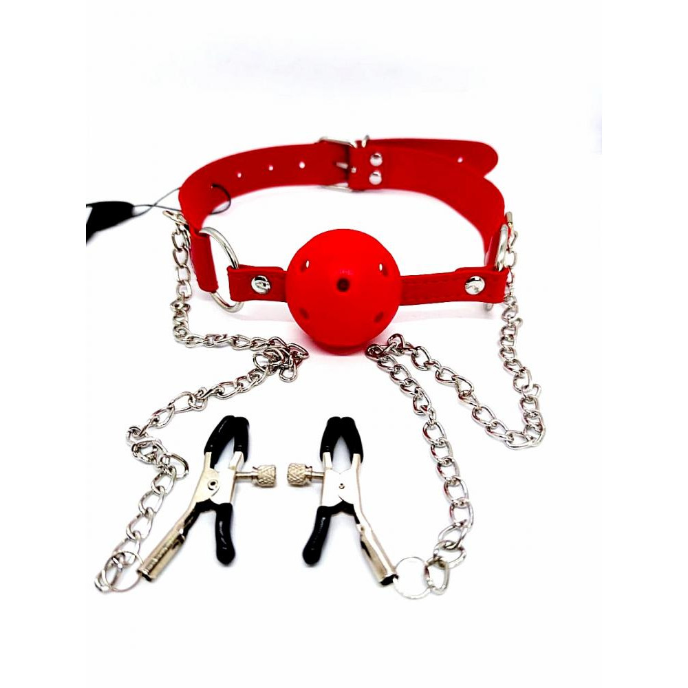 DS Fetish Кляп DS Fetish Ball gag with nipple clamps red (222002025) - зображення 1