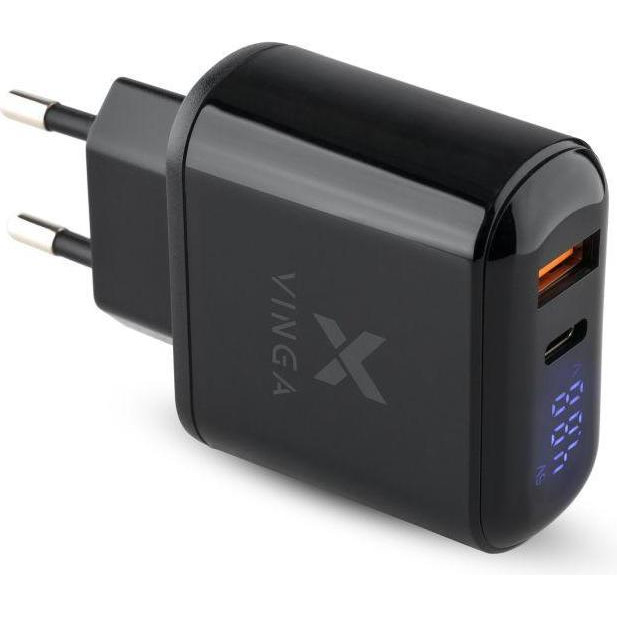 Vinga 2 Port QC3.0+PD Display Wall Charger (VWCQPACDBK) - зображення 1