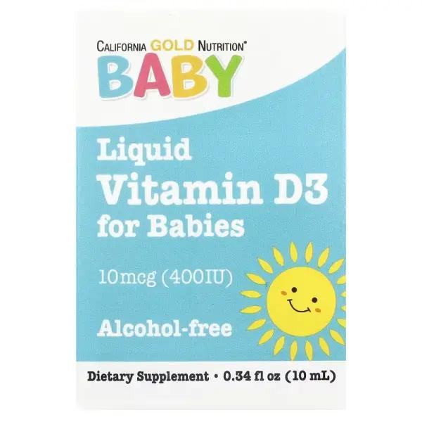 California Gold Nutrition Витамин Д-3 для детей, Baby Vitamin D3, , в каплях, 400 МЕ (10 мкг), 10 мл (CGN-01034) - зображення 1