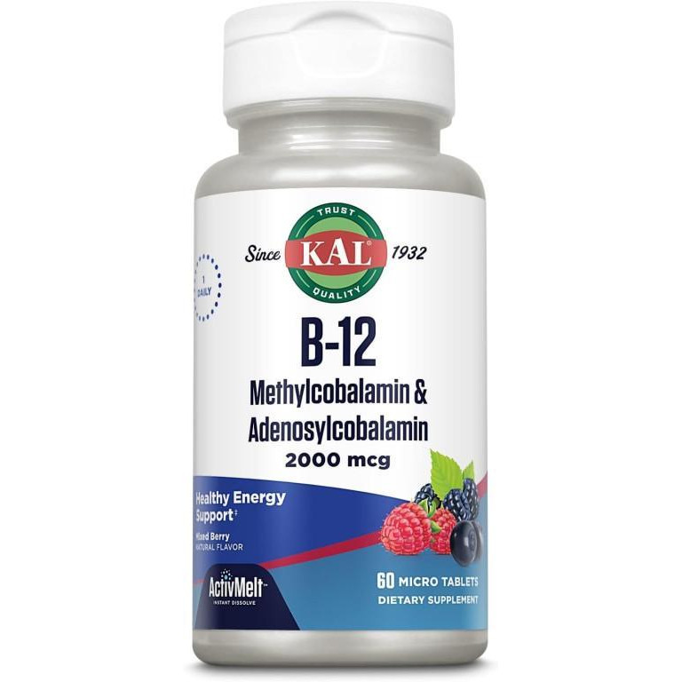 KAL B-12 Methylcobalamin & Adenosylcobalamin 2000 mcg 60 Micro Tablets Berry - зображення 1