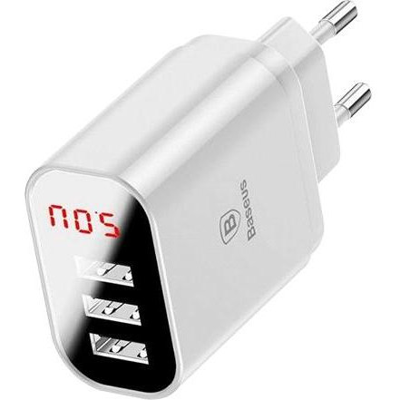 Baseus USB Wall Charger 3xUSB 3.4A Mirror Lake Intelligent Digital Display White (CCALL-BH02) - зображення 1