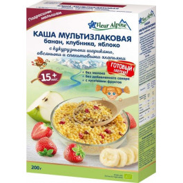   Fleur Alpine Безмолочная Мультизлаковая органическая каша с бананом, с кусочками клубники и яблока 200 г