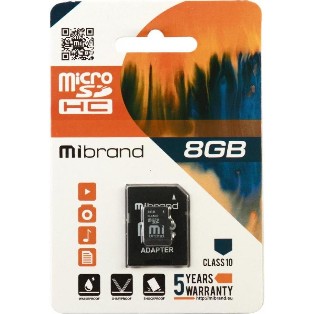 Mibrand 8 GB microSDHC Class 10 + SD Adapter MICDHC10/8GB-A - зображення 1