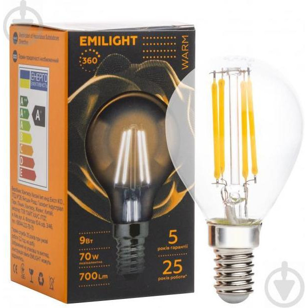 Emilight LED FIL CL G45 9 Вт E14 3000 К 220 В прозрачная (6983850558546) - зображення 1