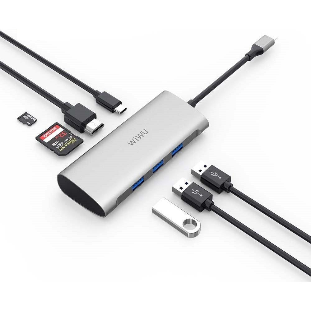 WIWU Adapter Alpha 731HP USB-C to 3xUSB3.0+HDMI+USB-C+SD+TF Card Grey - зображення 1