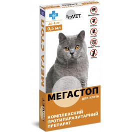   ProVET Капли от блох и клещей Мега Стоп ProVET для кошек до 4 кг 4 пипетки PR020073 (4820150200732)