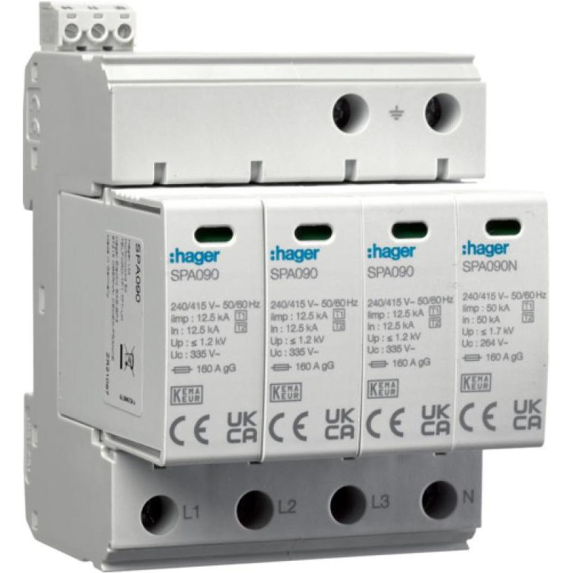 Hager ПЗИП T1+T2 4P 50kA 1,2kV TN-S TT з додатковим контактом (SPA931) - зображення 1