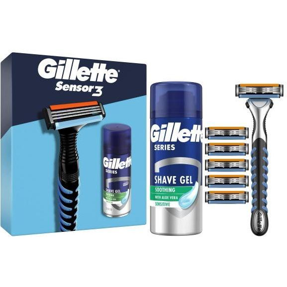 Gillette Подарунковий набір Бритва  Sensor3 + 5 змінних лез + Гель для гоління Series 75 мл (8700216085243) - зображення 1