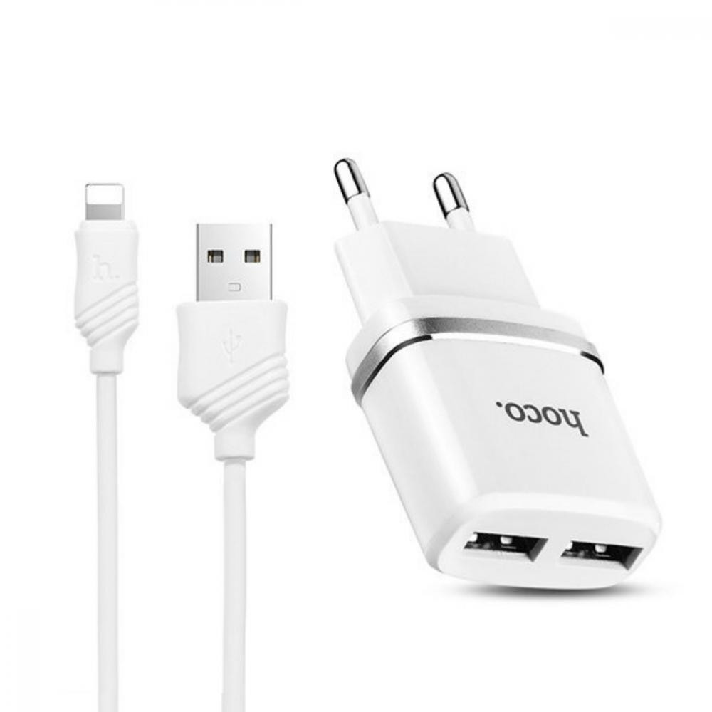 Hoco C12 2.4A 2USB Lightning White - зображення 1