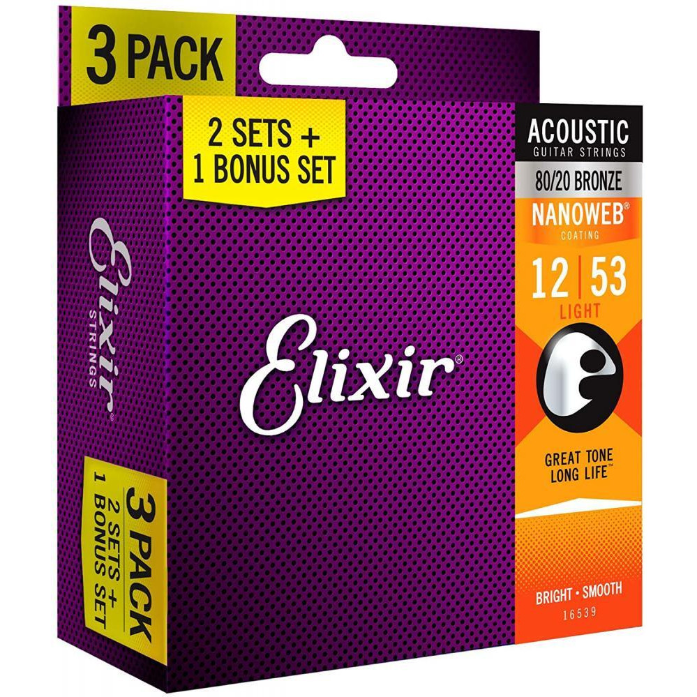 Elixir 3 Pack 16539 Nanoweb 80/20 Bronze Light Acoustic Guitar Strings 12/5 - зображення 1