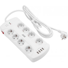   2E 8XSchuko 3G*1.5мм, 4*USB-A, 3м, white (2E-SP815M3USBWH)