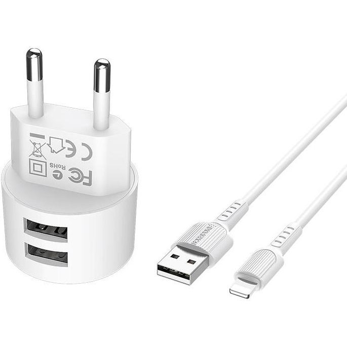 Borofone BA23A Brilliant Double USB Lightning Cable 2.4A White - зображення 1