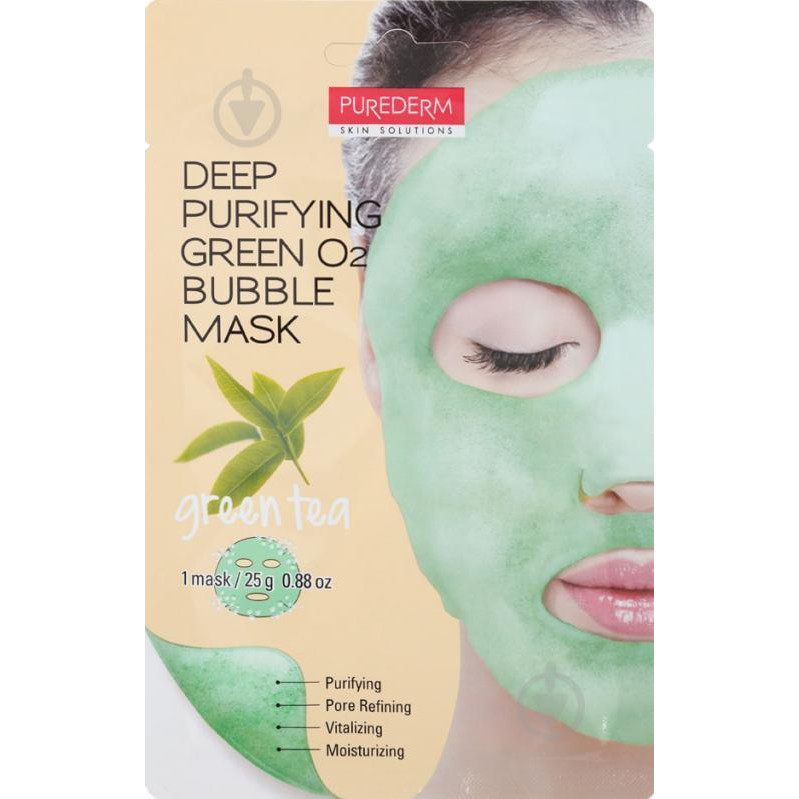 Purederm Глубокоочищающая пенящаяся маска  Зеленый чай Deep Purifying Green O2 Bubble Mask Green Tea 25 г (88 - зображення 1