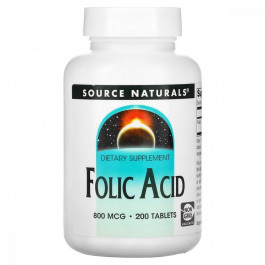   Source Naturals Фолієва кислота, 800 мкг, Folic Acid, 200 таблеток (SN1327)