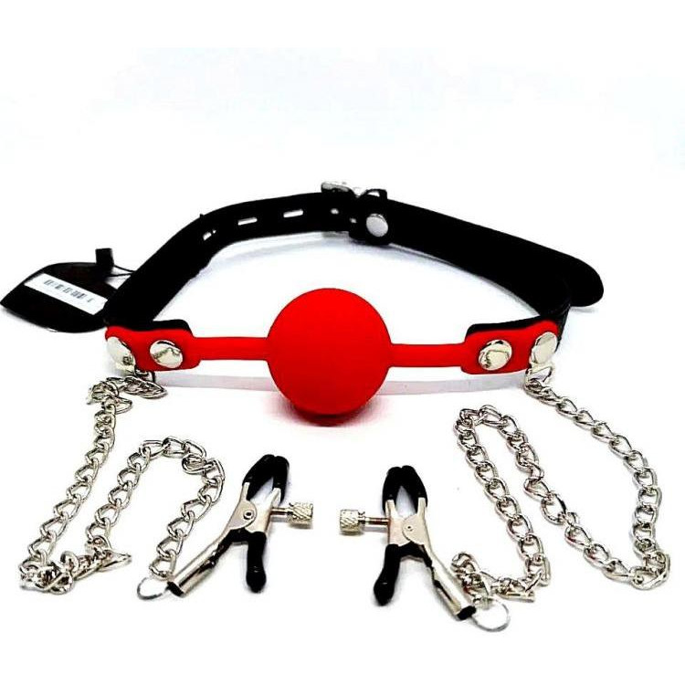 DS Fetish Кляп с зажимами на соски DS Fetish Locking gag with nipple clamps black/red (222002054) - зображення 1