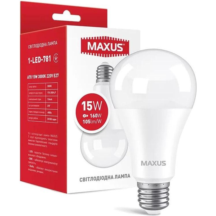 MAXUS LED A70 15W 3000K 220V E27 (1-LED-781) - зображення 1