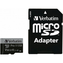   Verbatim 512 GB microSD UHS-I U3 V30 A2 Class 10 Pro + SD-adapter (47046)