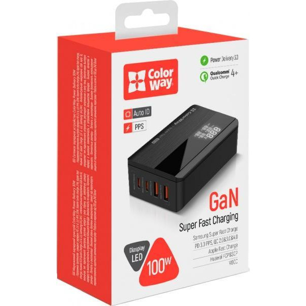 ColorWay Power Delivery GaN 2xUSB-A 2xUSB Type-C 100W Black (CW-CHS041PD-BK) - зображення 1