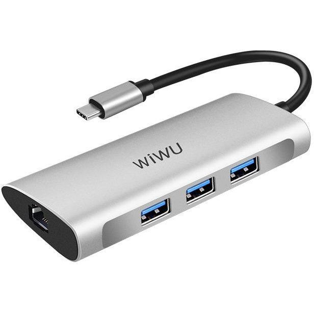 WIWU Adapter Alpha 631STR USB-C to 3xUSB3.0+RJ45+SD+TF Card Grey (695781551256) - зображення 1