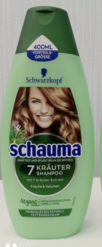 Фото шампунь для волосся Schauma 7 трав Шампунь для нормальных и жирных волос, которые требуют частого мытья 400 ml (3838824086750) від користувача Djos