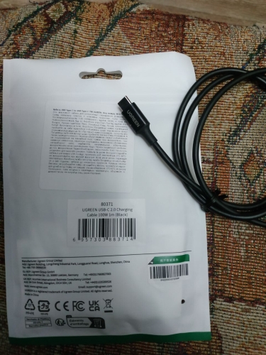 Фото Кабель USB Type-C UGREEN US300 Type-C to Type-C QC4.0 100W 1m Black (80371) від користувача Вячеслав Давыдов