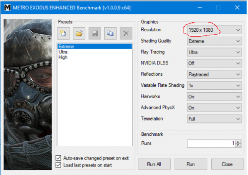 Metro Exodus EH 1080p настройка бенчмарка 