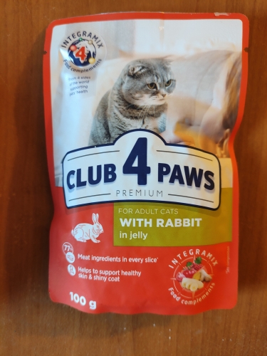 Фото вологий корм Клуб 4 лапи Premium для взрослых кошек с кроликом в желе 100 г (4820083908903) від користувача Eva