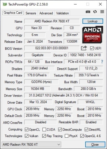 Фото Відеокарта GIGABYTE Radeon RX 7600 XT GAMING OC 16G (GV-R76XTGAMING OC-16GD) від користувача Sappy_Capy
