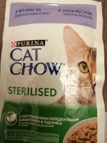 Фото вологий корм Cat Chow Adult Sterilised з ягням і зеленою квасолею 85 г (7613037025484) від користувача Вікторія