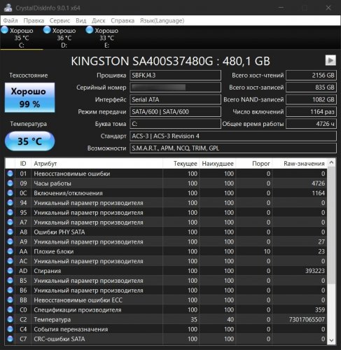 Фото SSD накопичувач Kingston A400 480 GB OEM (SA400S37/480GBK) від користувача 