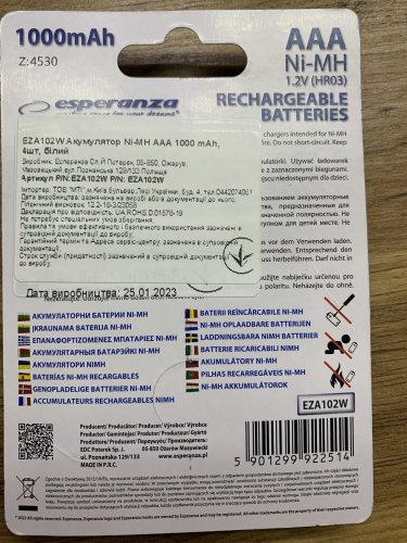 Фото Акумулятор Esperanza AAA 1000mAh NiMH 4шт (EZA102W) від користувача kalambur