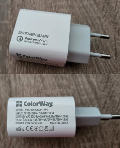 Фото Мережевий зарядний пристрій ColorWay Type-C PD + USB QC3.0 20W V2 White (CW-CHS025QPD-WT) від користувача 339