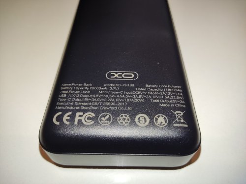 Фото Зовнішній акумулятор (павербанк) XO Power Bank PR188 2USB+Type-C QC&PD3.0 22.5W 20000mAh Black від користувача Baratheon