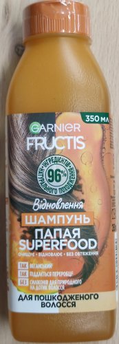 Фото  Garnier Шампунь для поврежденных волос  Fructis Папайя суперфуд восстановление 350 мл (3600542290524) від користувача Serhii