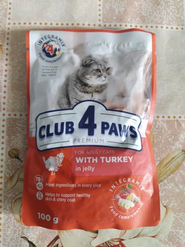 Фото вологий корм Клуб 4 лапи Premium для взрослых кошек с индейкой в желе 100 г (4820215364256) від користувача Gouster