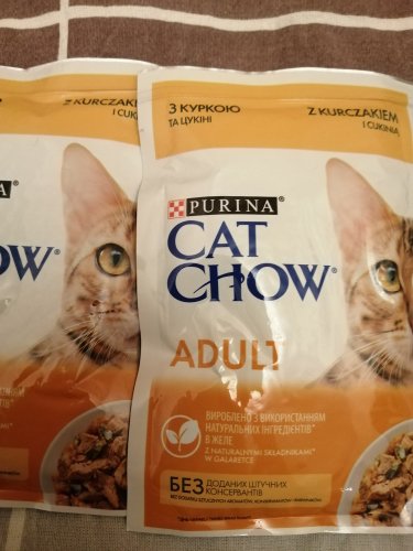 Фото вологий корм Cat Chow Adult  з куркою та кабачками в желе 85 г (7613036595049) від користувача Вікторія